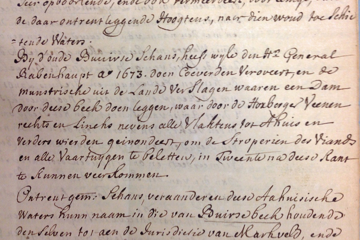 In deze passage staat hoe generaal Von Rabenhaupt in 1673 het veengebied tussen Buurse en Haaksbergen onder water liet zetten. © Eric Brinckmann
