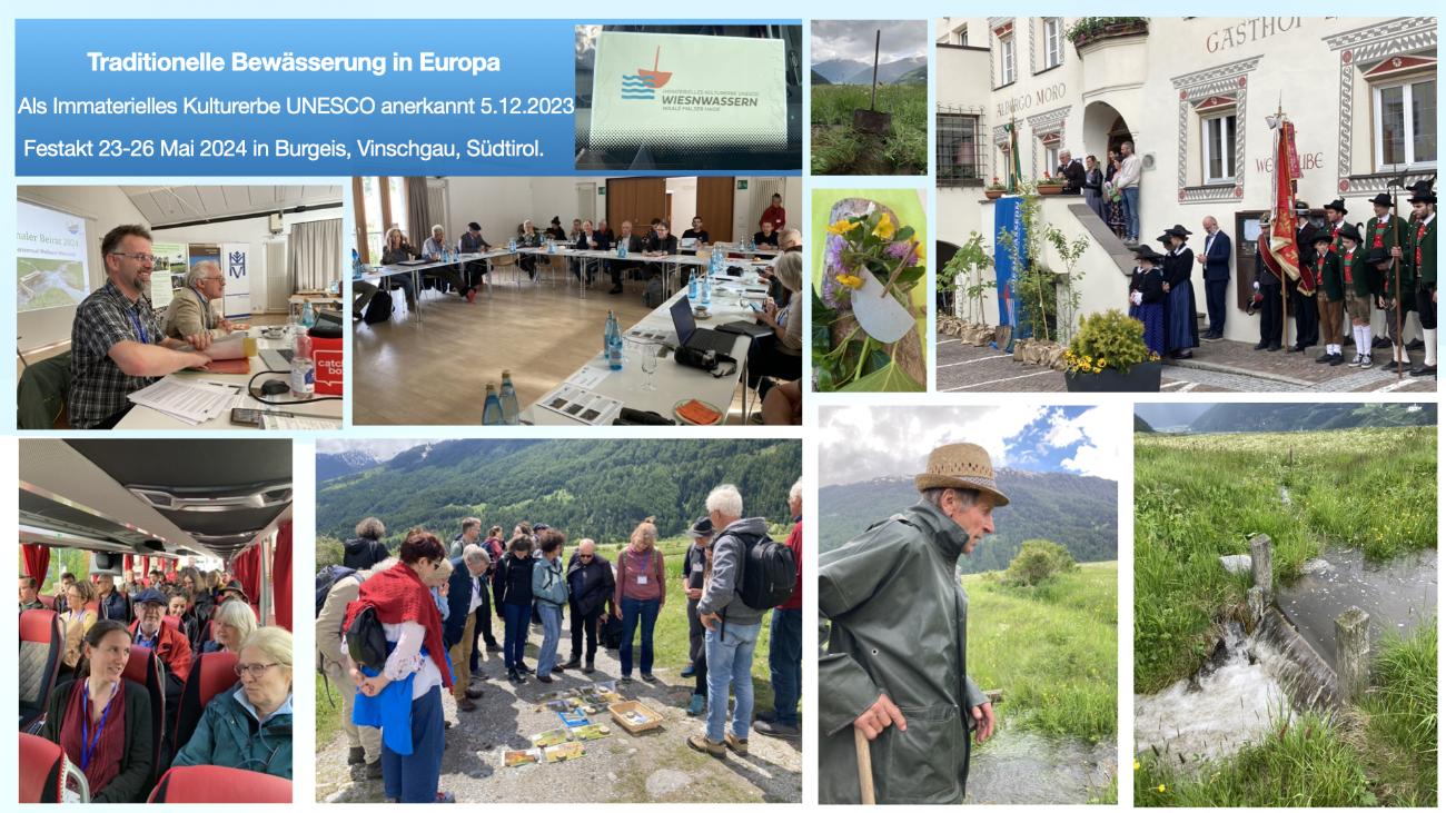Verzameling beelden van traditioneel Europees irrigatie-erfgoed: vergaderingen, veldbezoeken, traditionele ceremonies in klederdracht, en bergweide-irrigatiesystemen.